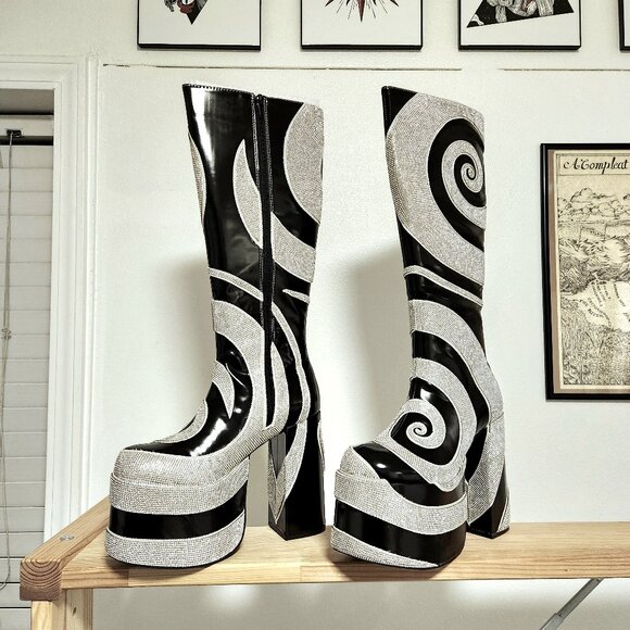 Dolls Kill Shoes - Dolls Kill black and silver rhinestone swirly platform boots